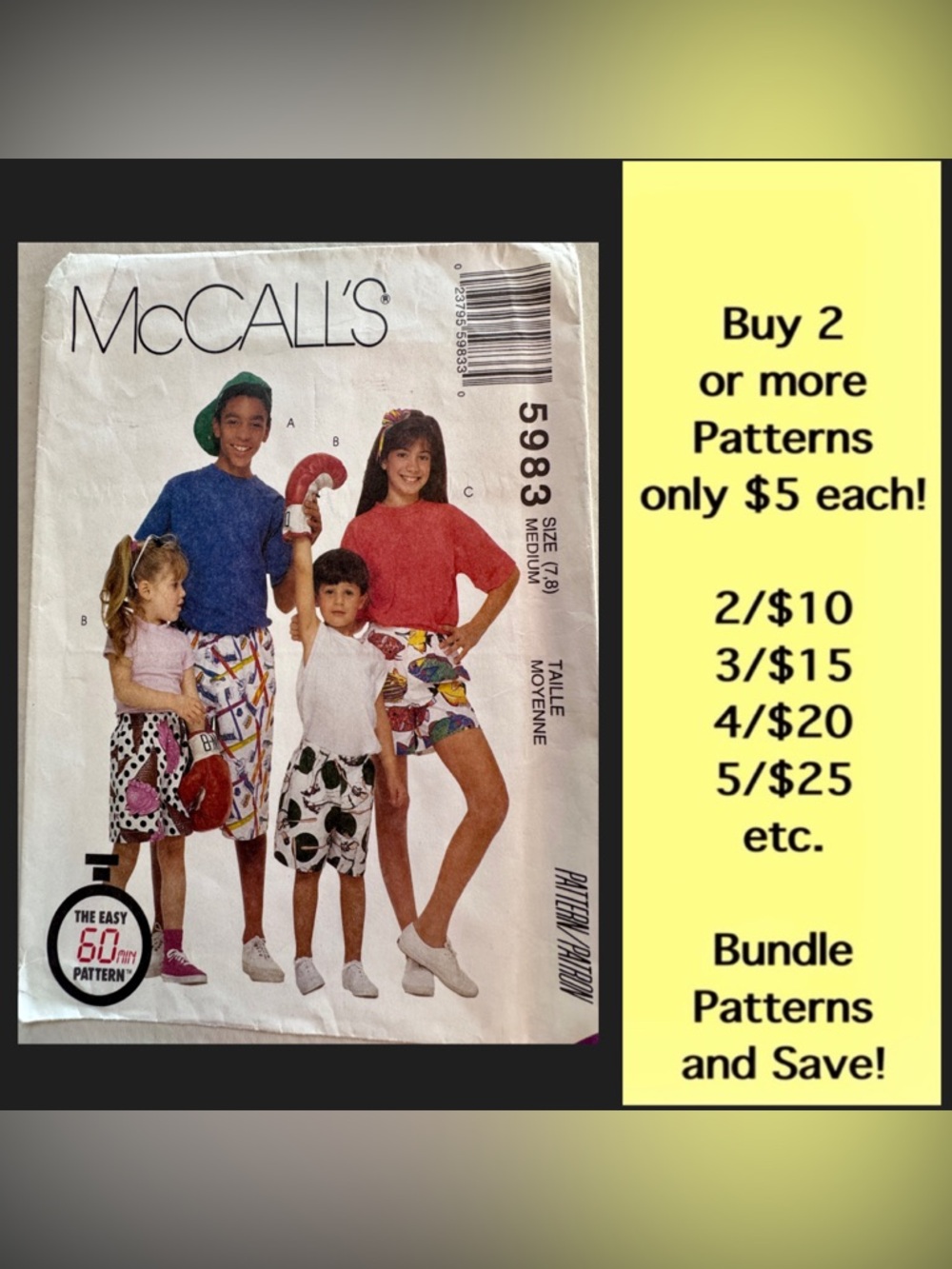 Vintage McCall's 5983 Kids' Boxer Shorts Uncut Sewing Pattern (Medium 7-8)